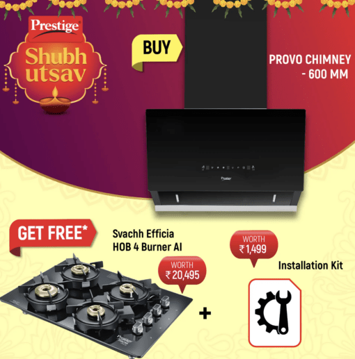 Prestige Provo 600 Kitchen Hood Chimney - Powerful Suction - 1000m3/hr, Svachh Efficia HOB 04 AI (with Toughened Glass Top Multi Spark Ignition System & 4 Brass Burners) and Chimney Installation Kit